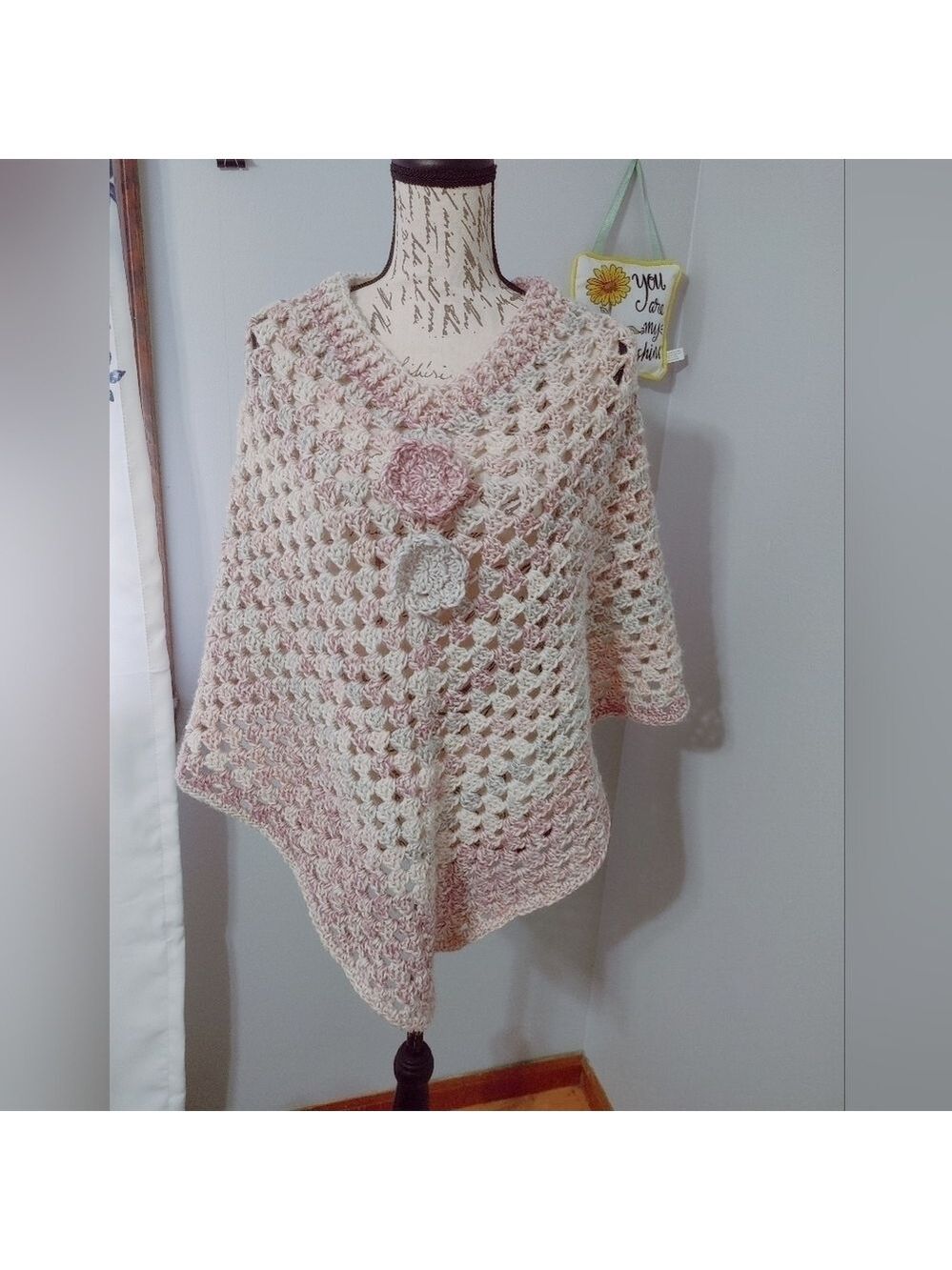 Handmade Crocheted Acrylic/Wool Granny Stitch Poncho with flower detail